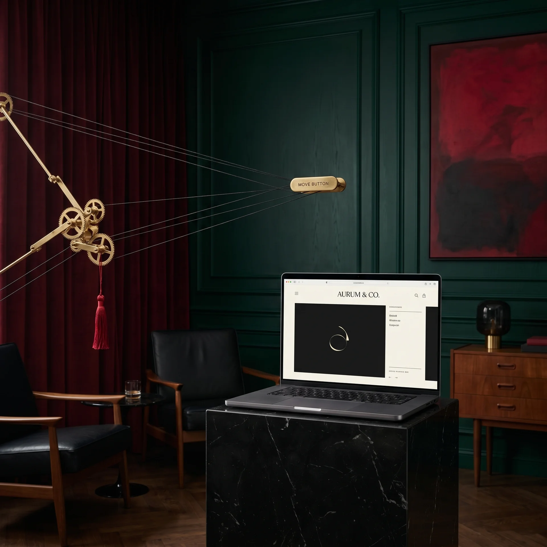 A dim, ornate agency workspace